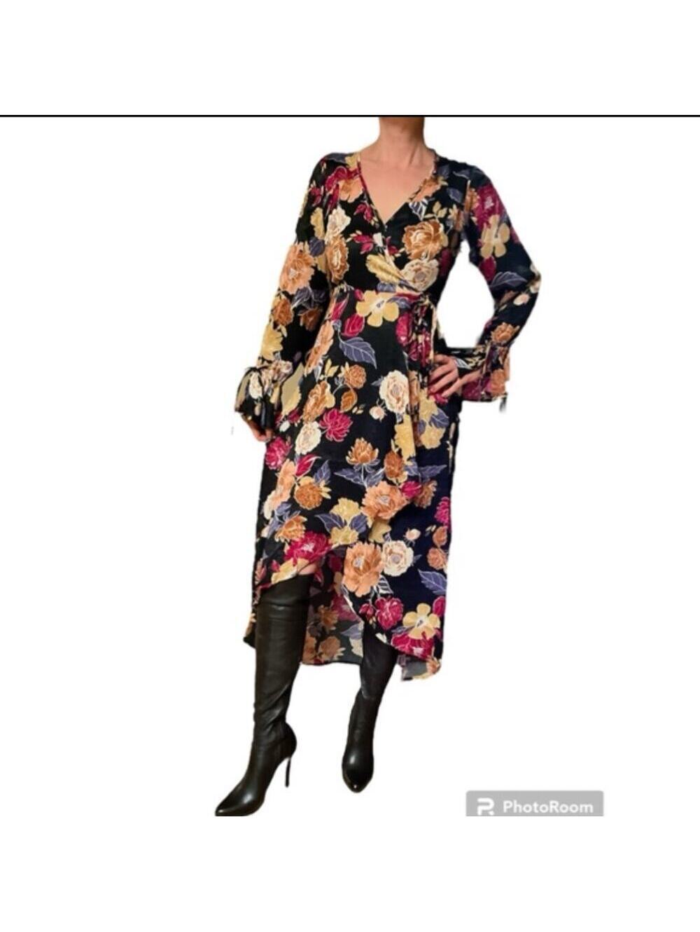 Band of Gypsies Band of the Free NWT Black Berry Floral Hi-Lo Wrap Maxi Dress S